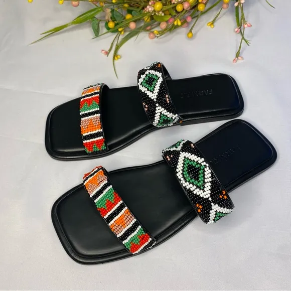 FARM RIO Black Beaded Square Toe Slide Sandals Size 6