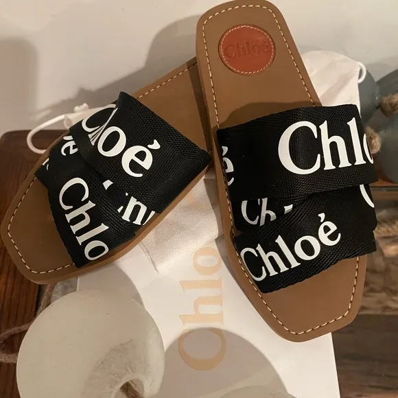 ❤️Final Price❤️Authentic Chloe’ Woody Logo Ribbon Slide Sandals