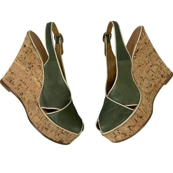 Fiorentini Baker Platform Cork Wedge Ankle Strap Green Leather Peep Toe Sandals