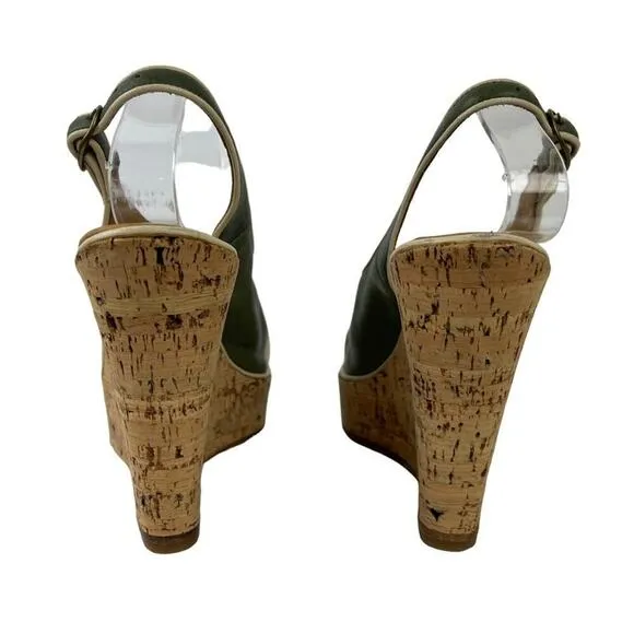 Fiorentini Baker Platform Cork Wedge Ankle Strap Green Leather Peep Toe Sandals