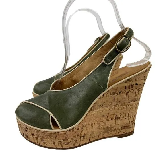Fiorentini Baker Platform Cork Wedge Ankle Strap Green Leather Peep Toe Sandals