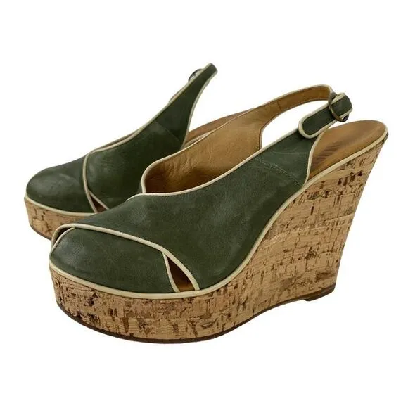 Fiorentini Baker Platform Cork Wedge Ankle Strap Green Leather Peep Toe Sandals