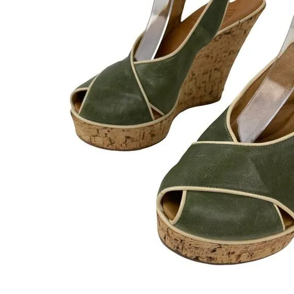 Fiorentini Baker Platform Cork Wedge Ankle Strap Green Leather Peep Toe Sandals