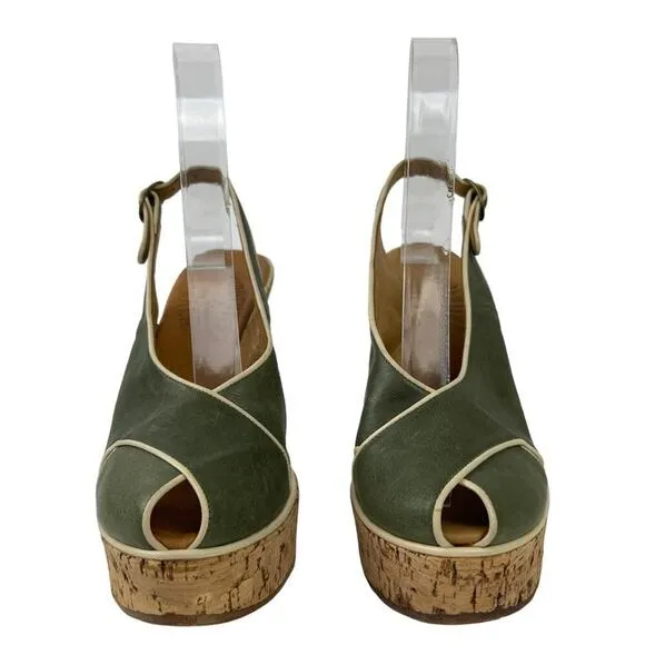 Fiorentini Baker Platform Cork Wedge Ankle Strap Green Leather Peep Toe Sandals
