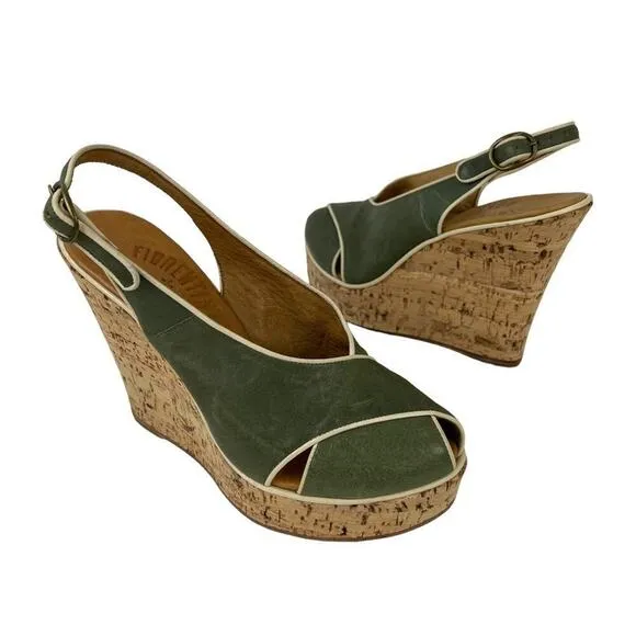 Fiorentini Baker Platform Cork Wedge Ankle Strap Green Leather Peep Toe Sandals