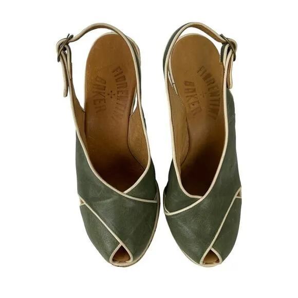 Fiorentini Baker Platform Cork Wedge Ankle Strap Green Leather Peep Toe Sandals