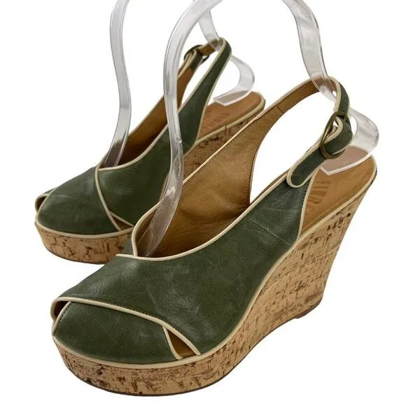 Fiorentini Baker Platform Cork Wedge Ankle Strap Green Leather Peep Toe Sandals