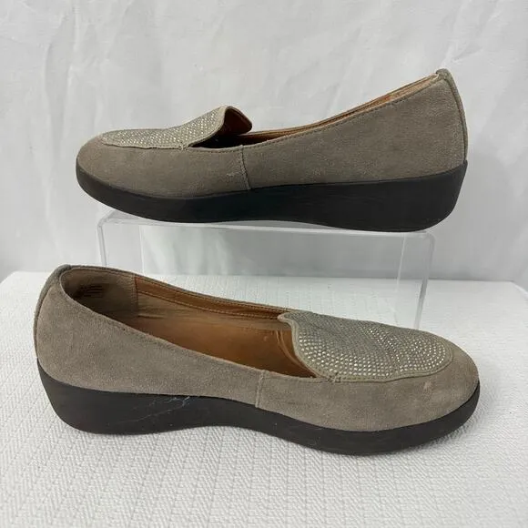 Fitflop Crystal Sneaker Loafer Womens Size 8.5 Suede Comfort Sparkly Wedge Taupe