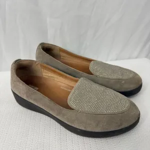 Fitflop Crystal Sneaker Loafer Womens Size 8.5 Suede Comfort Sparkly Wedge Taupe