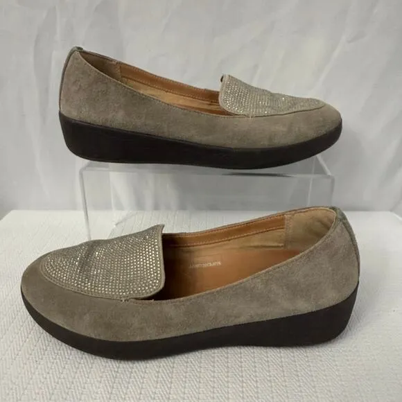 Fitflop Crystal Sneaker Loafer Womens Size 8.5 Suede Comfort Sparkly Wedge Taupe