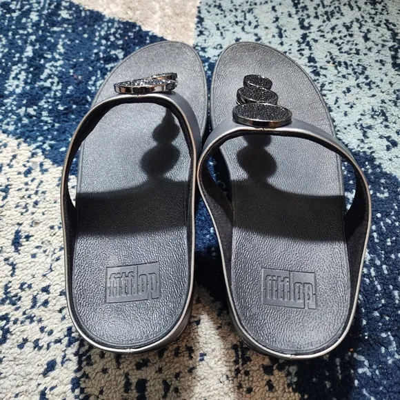 Fitflop Halo Toe Post Ladies Summer Metallic Sandals Bead-Circle Pewter Black 9