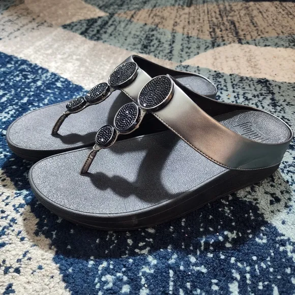 Fitflop Halo Toe Post Ladies Summer Metallic Sandals Bead-Circle Pewter Black 9