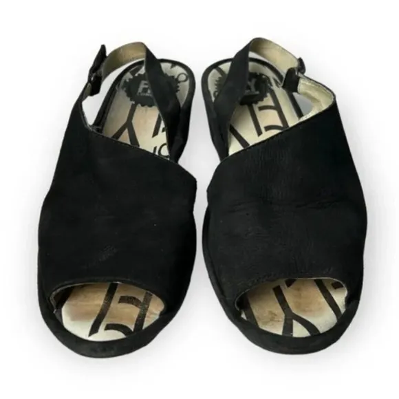 Fly London Black Suede Palpfly Peep Toe Sandals