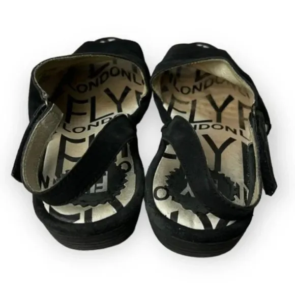 Fly London Black Suede Palpfly Peep Toe Sandals