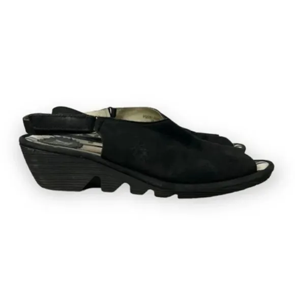 Fly London Black Suede Palpfly Peep Toe Sandals