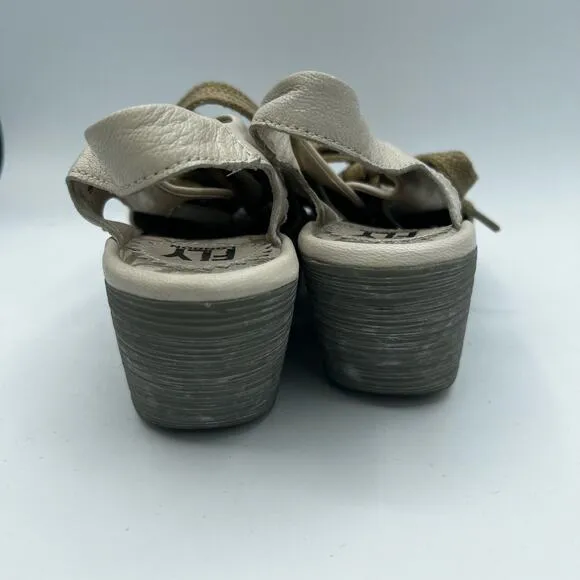 Fly London Cream Yiva Lace Up Wedge Sandals Size 6