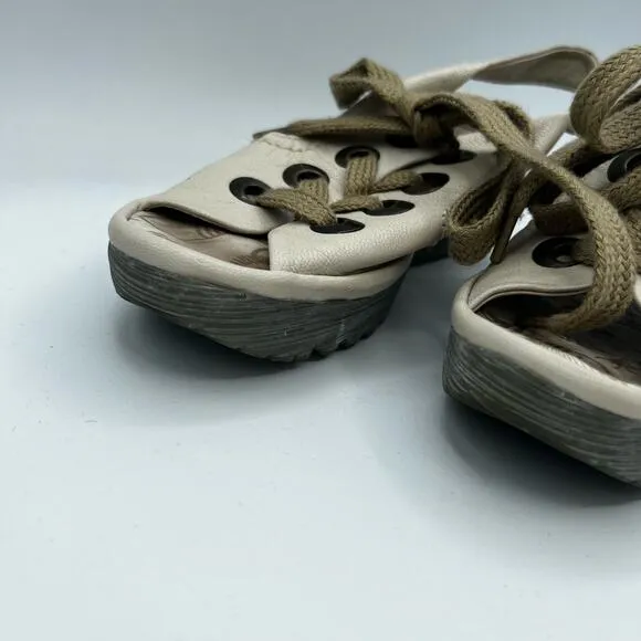 Fly London Cream Yiva Lace Up Wedge Sandals Size 6