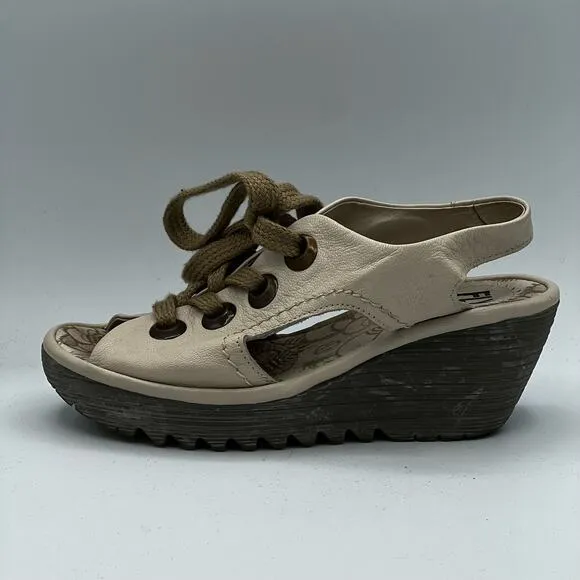 Fly London Cream Yiva Lace Up Wedge Sandals Size 6