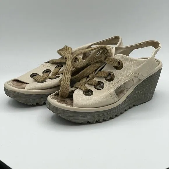 Fly London Cream Yiva Lace Up Wedge Sandals Size 6