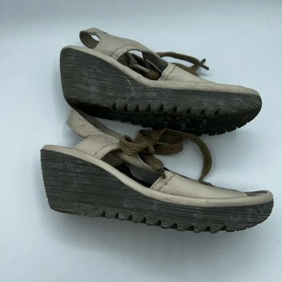 Fly London Cream Yiva Lace Up Wedge Sandals Size 6