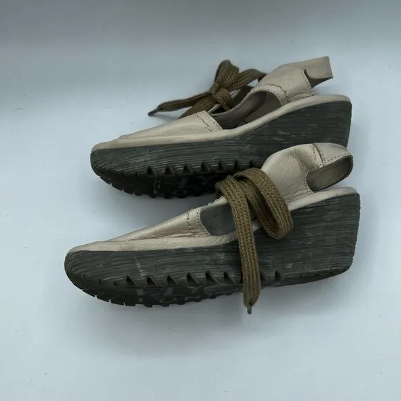 Fly London Cream Yiva Lace Up Wedge Sandals Size 6