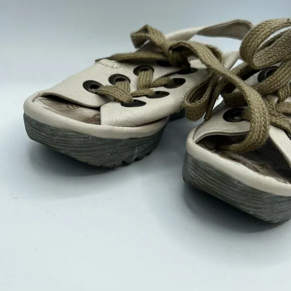 Fly London Cream Yiva Lace Up Wedge Sandals Size 6