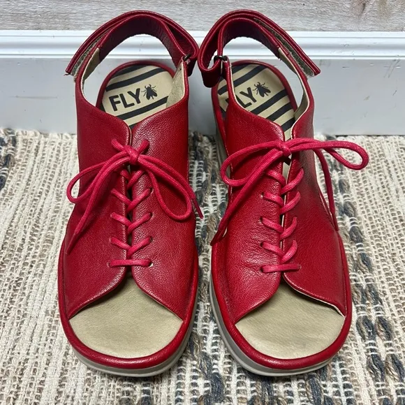 Fly London Wedge Sandals Womens US 7 EUR 38 Red Lace Up Open Toe Shoes