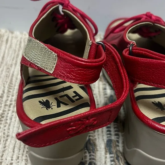 Fly London Wedge Sandals Womens US 7 EUR 38 Red Lace Up Open Toe Shoes