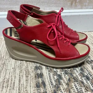 Fly London Wedge Sandals Womens US 7 EUR 38 Red Lace Up Open Toe Shoes