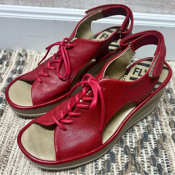 Fly London Wedge Sandals Womens US 7 EUR 38 Red Lace Up Open Toe Shoes
