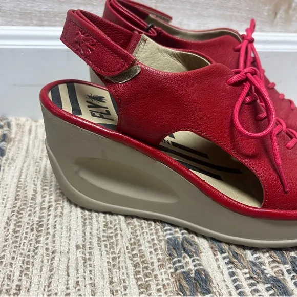 Fly London Wedge Sandals Womens US 7 EUR 38 Red Lace Up Open Toe Shoes