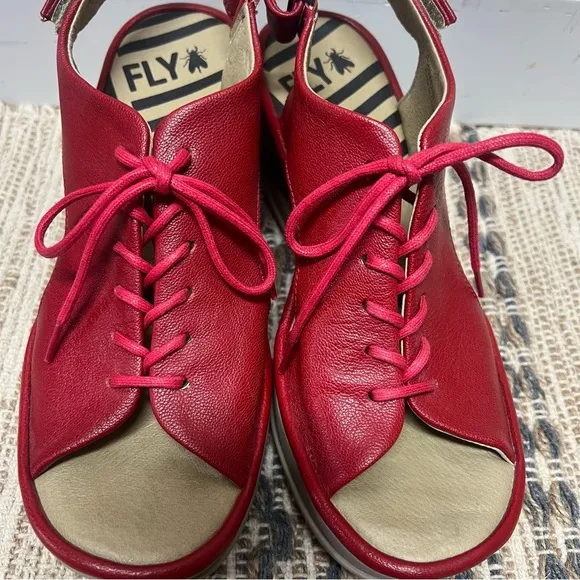 Fly London Wedge Sandals Womens US 7 EUR 38 Red Lace Up Open Toe Shoes