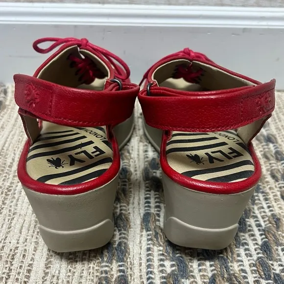 Fly London Wedge Sandals Womens US 7 EUR 38 Red Lace Up Open Toe Shoes
