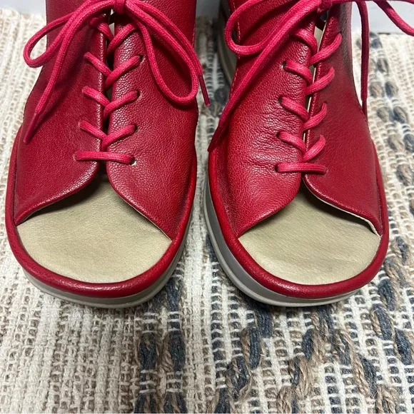 Fly London Wedge Sandals Womens US 7 EUR 38 Red Lace Up Open Toe Shoes