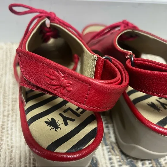 Fly London Wedge Sandals Womens US 7 EUR 38 Red Lace Up Open Toe Shoes