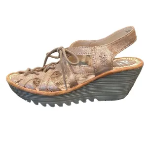 FLY London Yapi Gold Metallic Leather Wedge Sandal Size 37/7