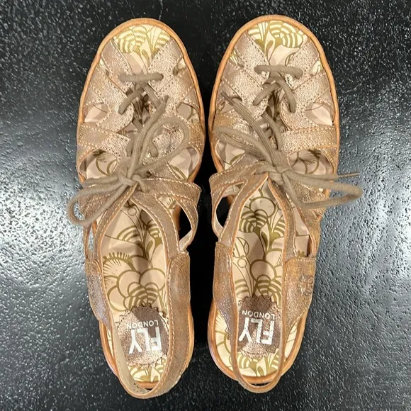 FLY London Yapi Gold Metallic Leather Wedge Sandal Size 37/7