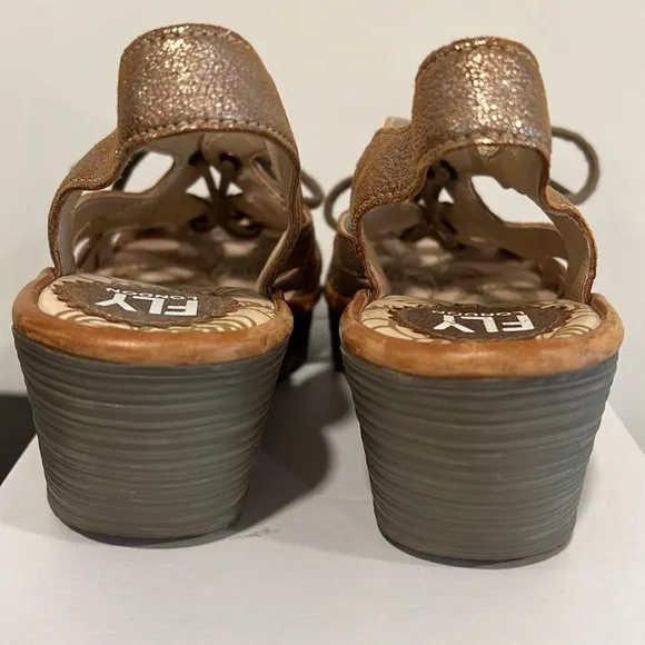 FLY London Yapi Gold Metallic Leather Wedge Sandal Size 37/7
