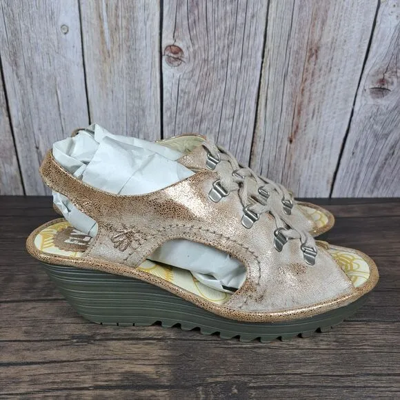 Fly London YIFA Lace Up Slingback Peep Toe Wedge Sandals Women's Sz 10 EU41 (GUC