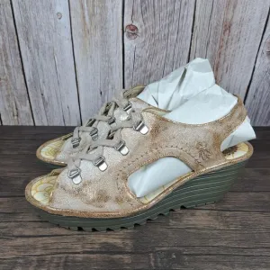Fly London YIFA Lace Up Slingback Peep Toe Wedge Sandals Women's Sz 10 EU41 (GUC