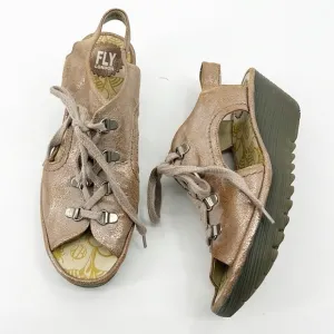 Fly London Ylfa Lace Up Leather Wedge Sandals Size 41 or 10 Gold Metallic