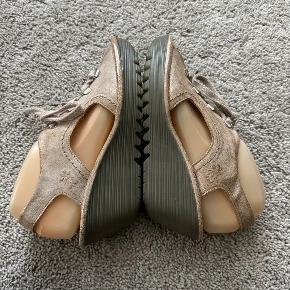 Fly London Ylfa Metallic Leather Peep Toe Wedge Sandals Lace Up EUR 40 US 9-9.5