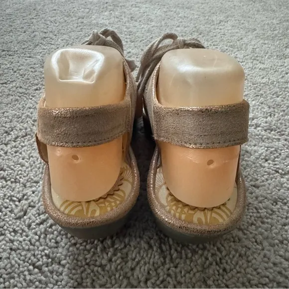 Fly London Ylfa Metallic Leather Peep Toe Wedge Sandals Lace Up EUR 40 US 9-9.5
