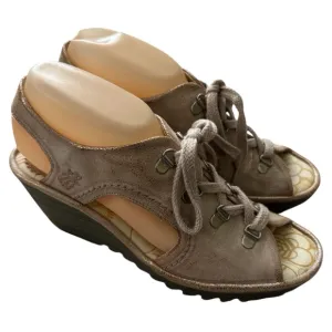 Fly London Ylfa Metallic Leather Peep Toe Wedge Sandals Lace Up EUR 40 US 9-9.5