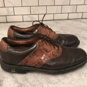 Footjoy Icon Croc Golf Shoes Mens 8.5 Brown Dark Gator Style 52236 Saddle