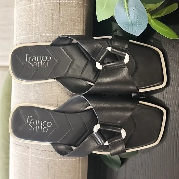 FRANCO SARTO Molana Leather Sandals 7.5 Slides Minimalist Buckle Square Toe