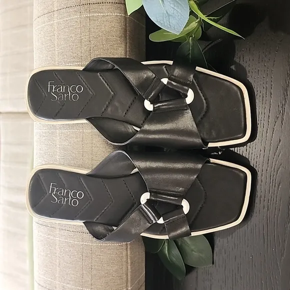 FRANCO SARTO Molana Leather Sandals 7.5 Slides Minimalist Buckle Square Toe