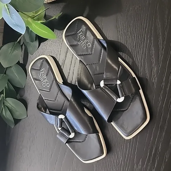 FRANCO SARTO Molana Leather Sandals 7.5 Slides Minimalist Buckle Square Toe