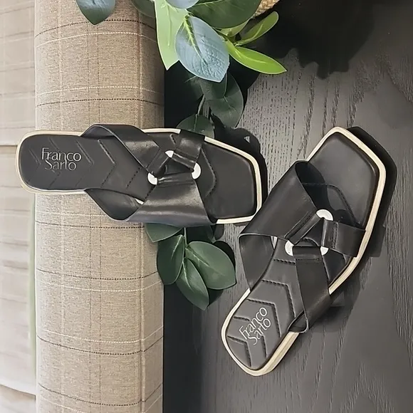 FRANCO SARTO Molana Leather Sandals 7.5 Slides Minimalist Buckle Square Toe