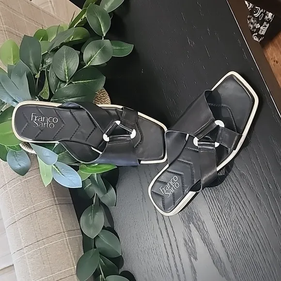 FRANCO SARTO Molana Leather Sandals 7.5 Slides Minimalist Buckle Square Toe